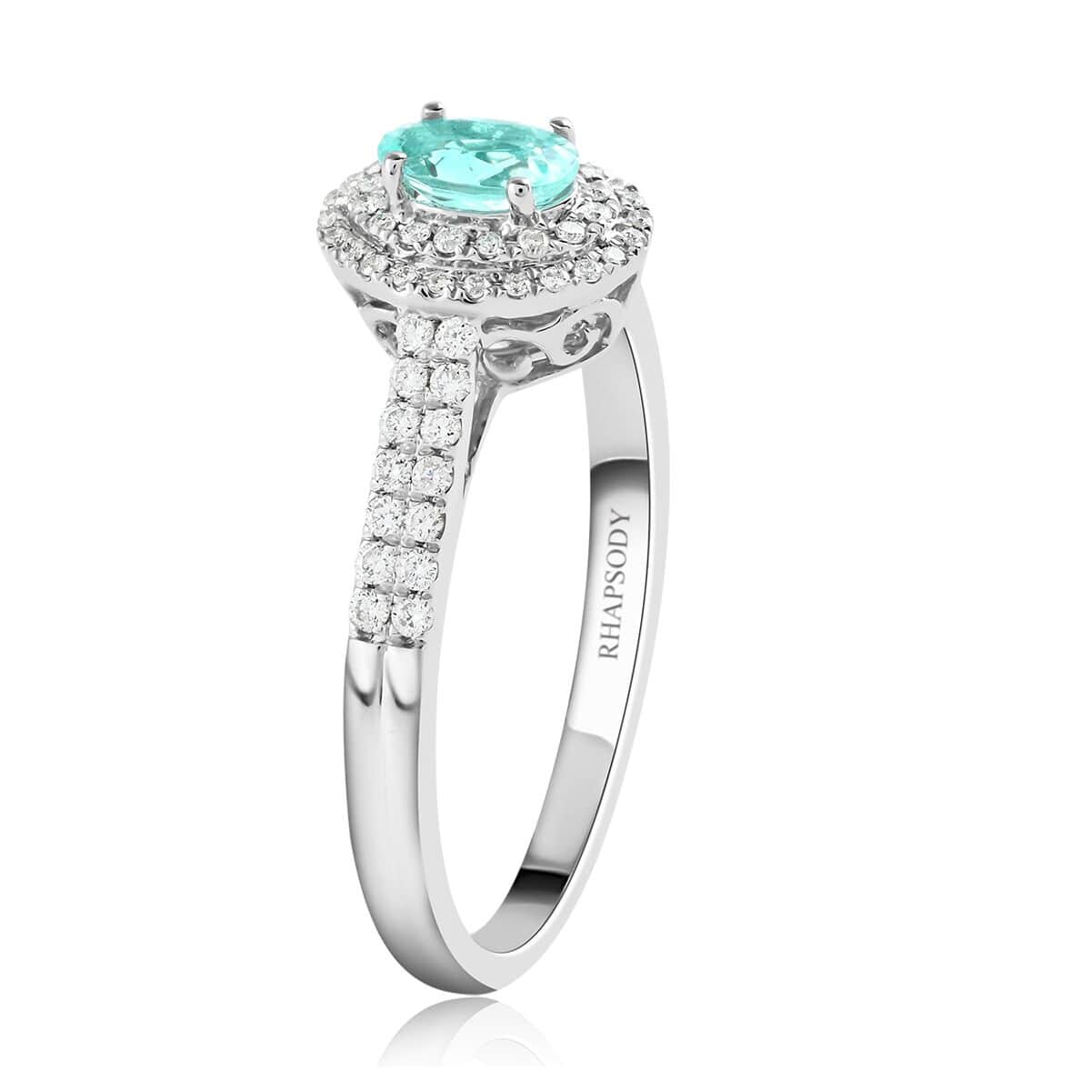 Doorbuster Certified & Appraised RHAPSODY 950 Platinum AAAA Paraiba Tourmaline and E-F VS Diamond Double Halo Ring 4.45 Grams 0.65 ctw image number 3