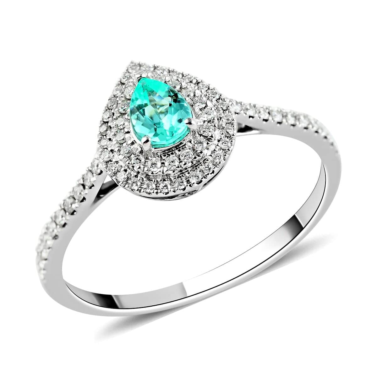 Doorbuster Certified & Appraised RHAPSODY 950 Platinum AAAA Paraiba Tourmaline and E-F VS Diamond Double Halo Ring 4.25 Grams 0.60 ctw image number 0