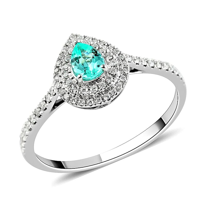 Certified and Appraised Rhapsody 950 Platinum AAAA Paraiba Tourmaline and E-F VS Diamond Double Halo Ring (Size 7.0) 4.25 Grams 0.60 ctw