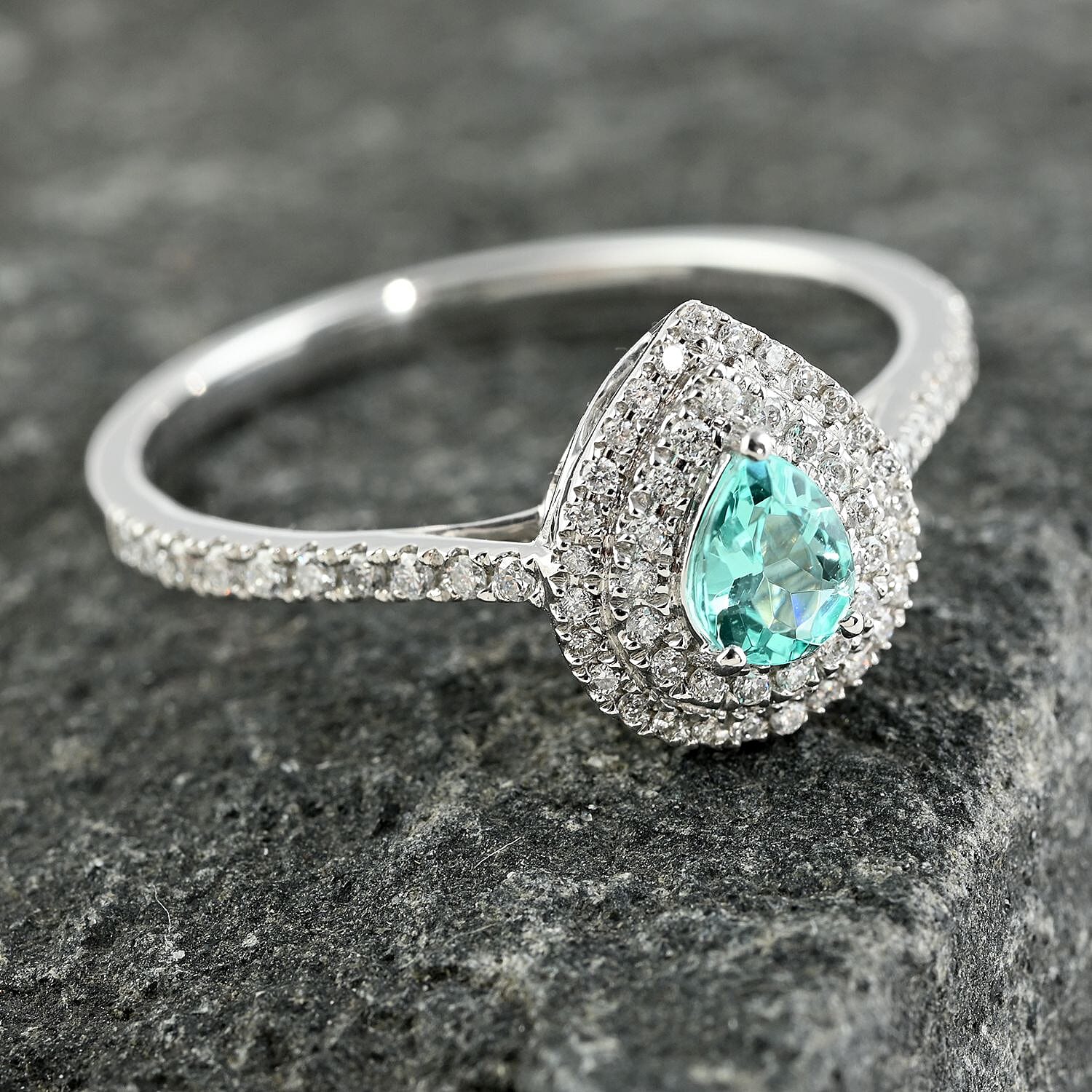 Certified and Appraised Rhapsody 950 Platinum AAAA Paraiba Tourmaline and E-F VS Diamond Double Halo Ring (Size 7.0) 4.25 Grams 0.60 ctw