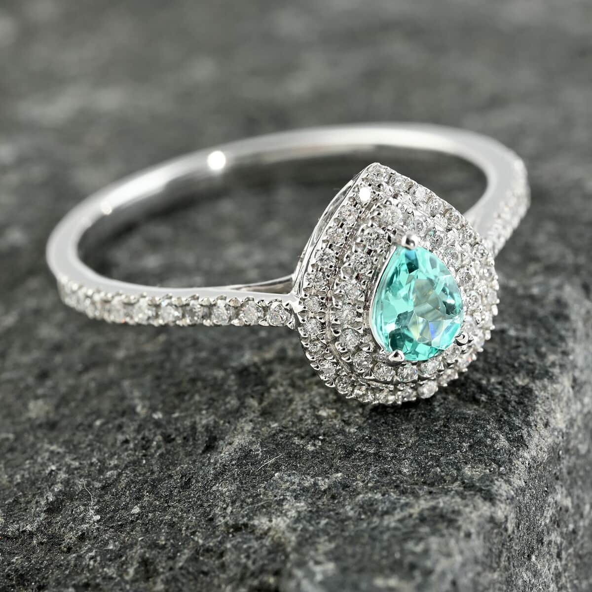 Doorbuster Certified & Appraised RHAPSODY 950 Platinum AAAA Paraiba Tourmaline and E-F VS Diamond Double Halo Ring 4.25 Grams 0.60 ctw image number 1