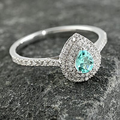 Certified and Appraised Rhapsody 950 Platinum AAAA Paraiba Tourmaline and E-F VS Diamond Double Halo Ring (Size 7.0) 4.25 Grams 0.60 ctw