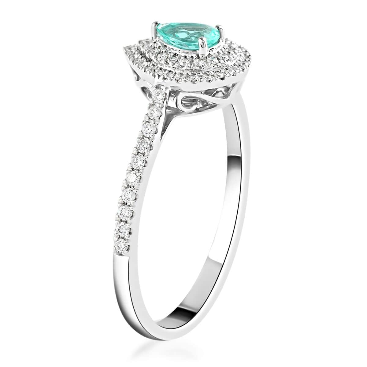 Doorbuster Certified & Appraised RHAPSODY 950 Platinum AAAA Paraiba Tourmaline and E-F VS Diamond Double Halo Ring 4.25 Grams 0.60 ctw image number 3