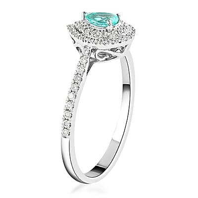 Certified and Appraised Rhapsody 950 Platinum AAAA Paraiba Tourmaline and E-F VS Diamond Double Halo Ring (Size 7.0) 4.25 Grams 0.60 ctw