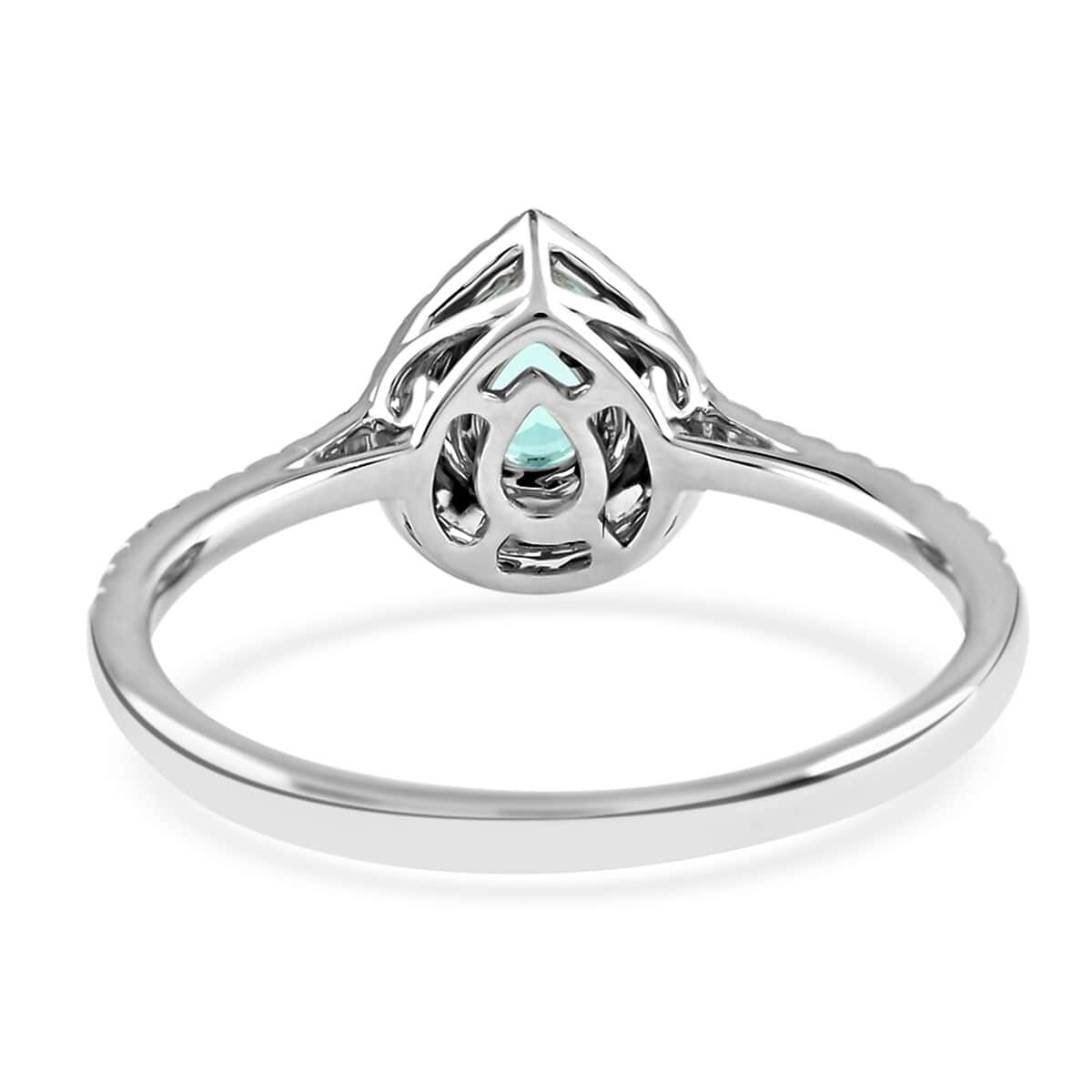 Doorbuster Certified & Appraised RHAPSODY 950 Platinum AAAA Paraiba Tourmaline and E-F VS Diamond Double Halo Ring 4.25 Grams 0.60 ctw image number 4