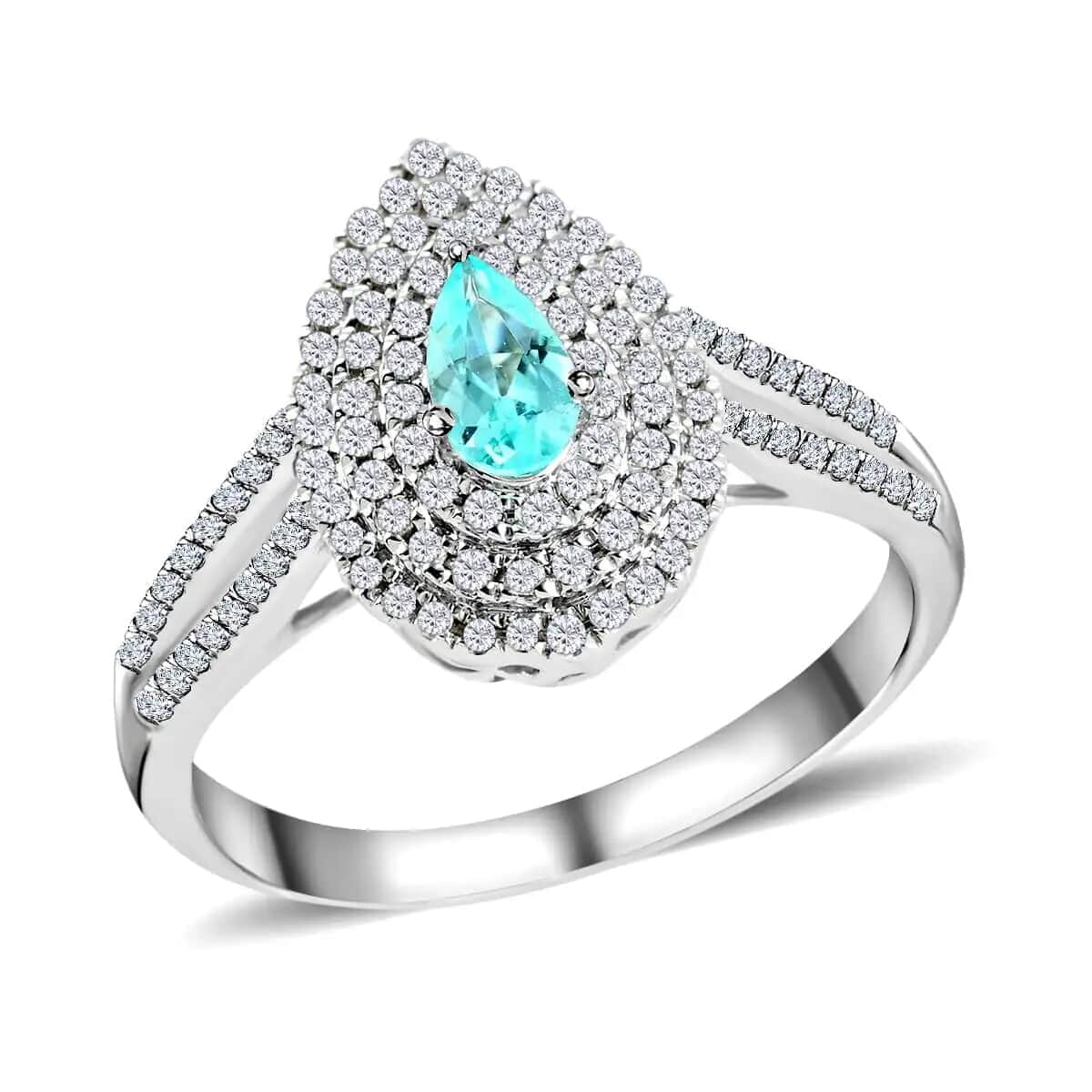 Doorbuster Certified & Appraised RHAPSODY 950 Platinum AAAA Paraiba Tourmaline and E-F VS Diamond Split Shank Double Halo Ring 5.46 Grams 0.70 ctw image number 0