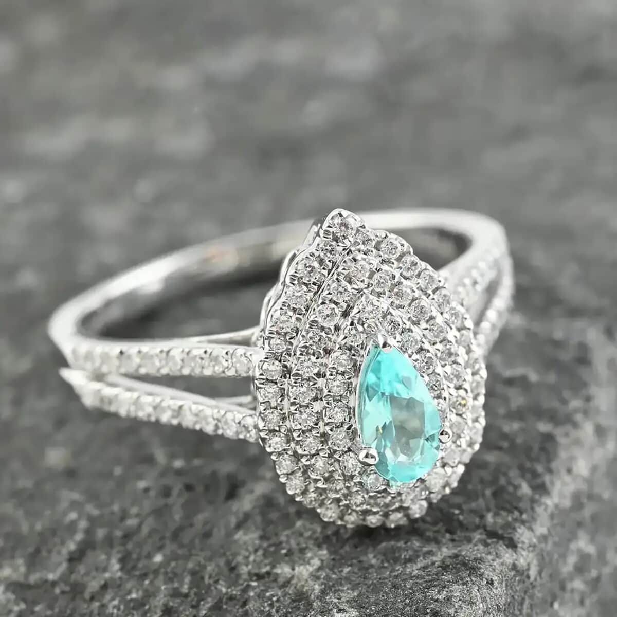 Doorbuster Certified & Appraised RHAPSODY 950 Platinum AAAA Paraiba Tourmaline and E-F VS Diamond Split Shank Double Halo Ring 5.46 Grams 0.70 ctw image number 1