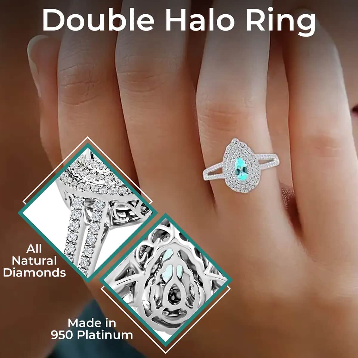Doorbuster Certified & Appraised RHAPSODY 950 Platinum AAAA Paraiba Tourmaline and E-F VS Diamond Split Shank Double Halo Ring 5.46 Grams 0.70 ctw image number 2