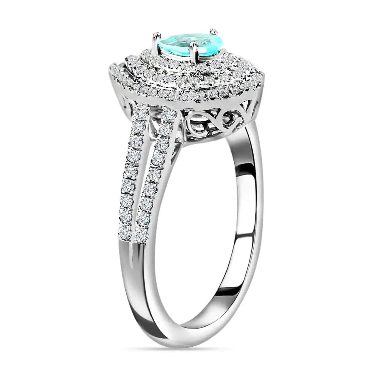 Doorbuster Certified & Appraised RHAPSODY 950 Platinum AAAA Paraiba Tourmaline and E-F VS Diamond Split Shank Double Halo Ring 5.46 Grams 0.70 ctw image number 3