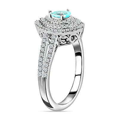 Rhapsody Certified & Appraised AAAA Paraiba Tourmaline Ring,  E-F VS Diamond Accent Double Halo Ring,  950 Platinum Ring, Wedding Ring For Her 5.46 Grams 0.70 ctw