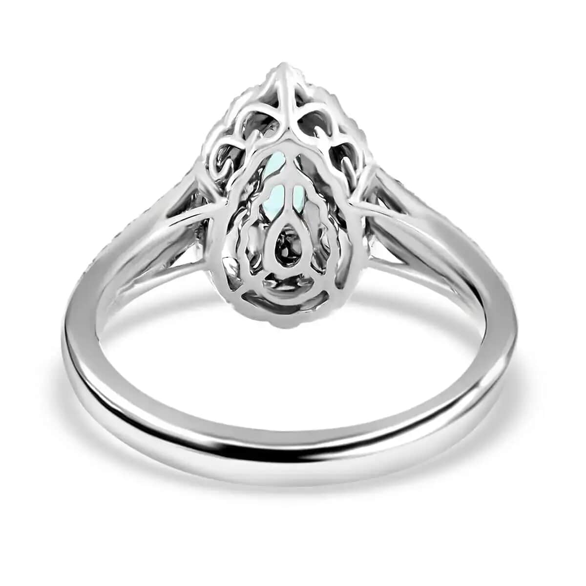 Doorbuster Certified & Appraised RHAPSODY 950 Platinum AAAA Paraiba Tourmaline and E-F VS Diamond Split Shank Double Halo Ring 5.46 Grams 0.70 ctw image number 4