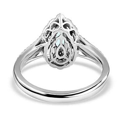 Rhapsody Certified & Appraised AAAA Paraiba Tourmaline Ring,  E-F VS Diamond Accent Double Halo Ring,  950 Platinum Ring, Wedding Ring For Her 5.46 Grams 0.70 ctw