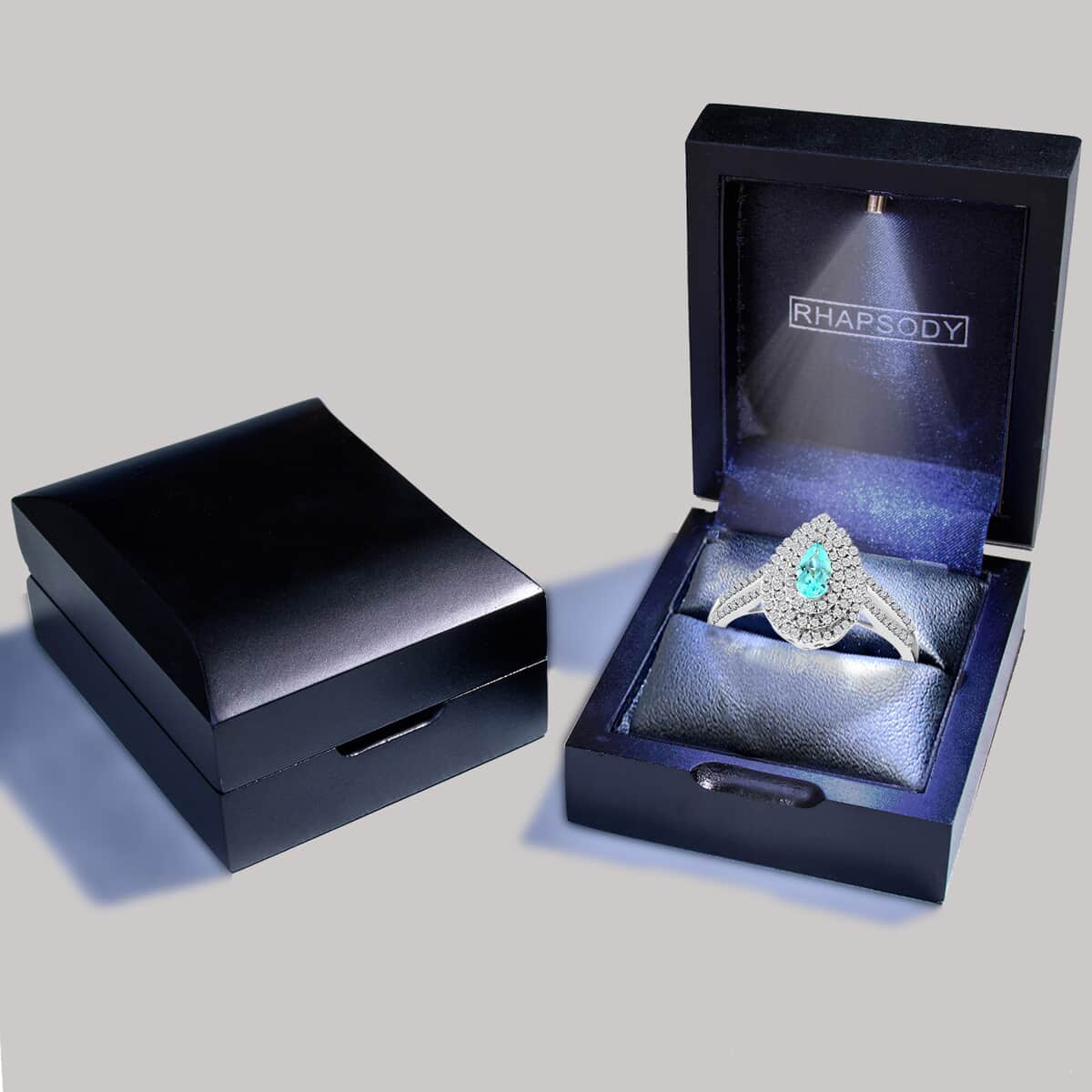 Doorbuster Certified & Appraised RHAPSODY 950 Platinum AAAA Paraiba Tourmaline and E-F VS Diamond Split Shank Double Halo Ring 5.46 Grams 0.70 ctw image number 6