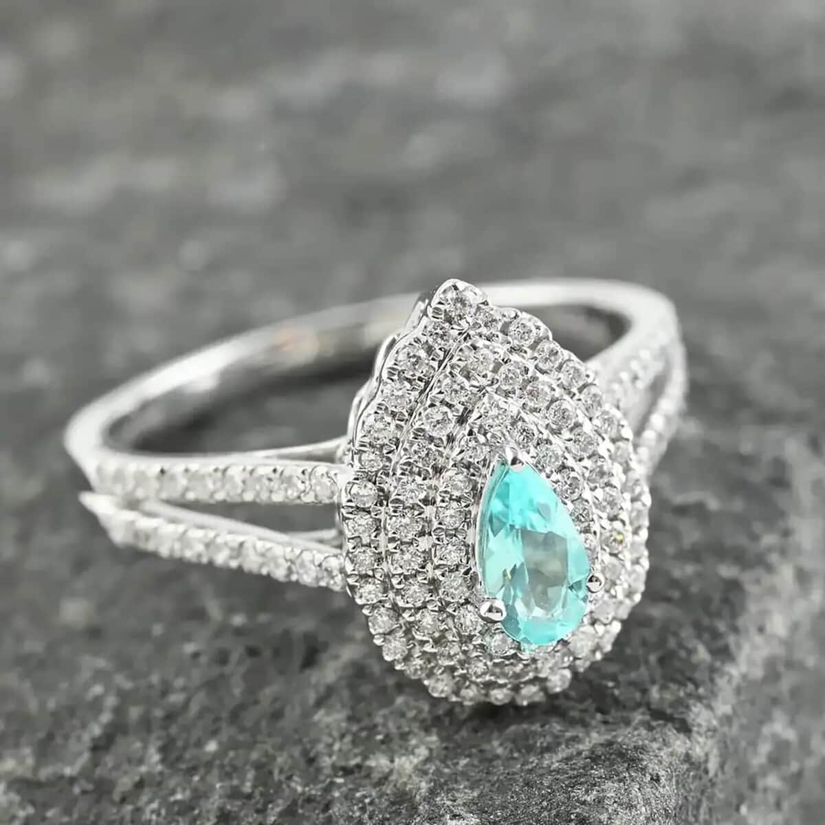 Rhapsody Certified & Appraised AAAA Paraiba Tourmaline Ring,  E-F VS Diamond Accent Double Halo Ring,  950 Platinum Ring, Wedding Ring For Her 5.46 Grams 0.70 ctw image number 1