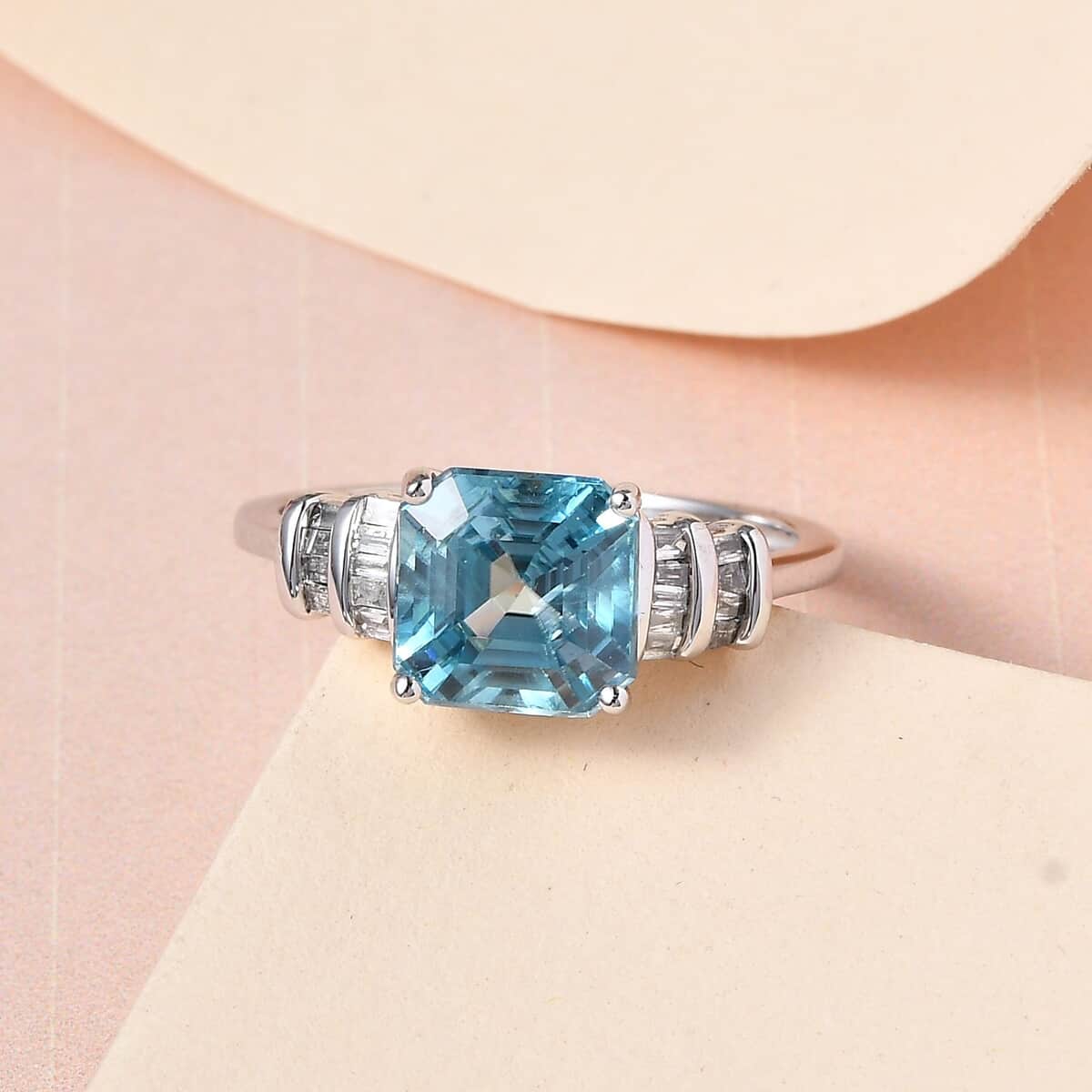 Luxoro 10K White Gold Asscher Cut Premium Ratanakiri Blue Zircon amd Diamond Ring (Size 10.0) 3.15 ctw image number 1