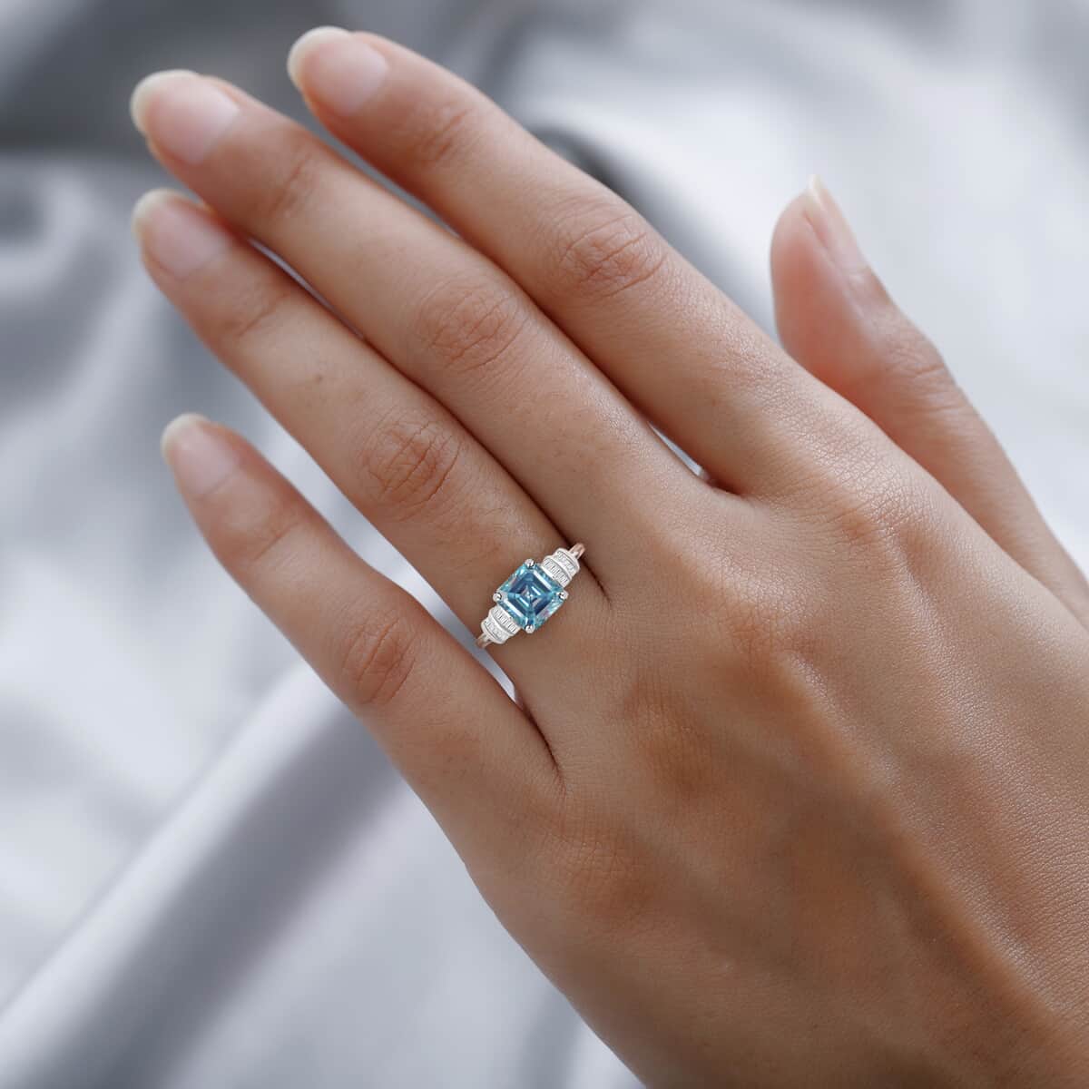 Luxoro 10K White Gold Asscher Cut Premium Ratanakiri Blue Zircon amd Diamond Ring (Size 10.0) 3.15 ctw image number 2