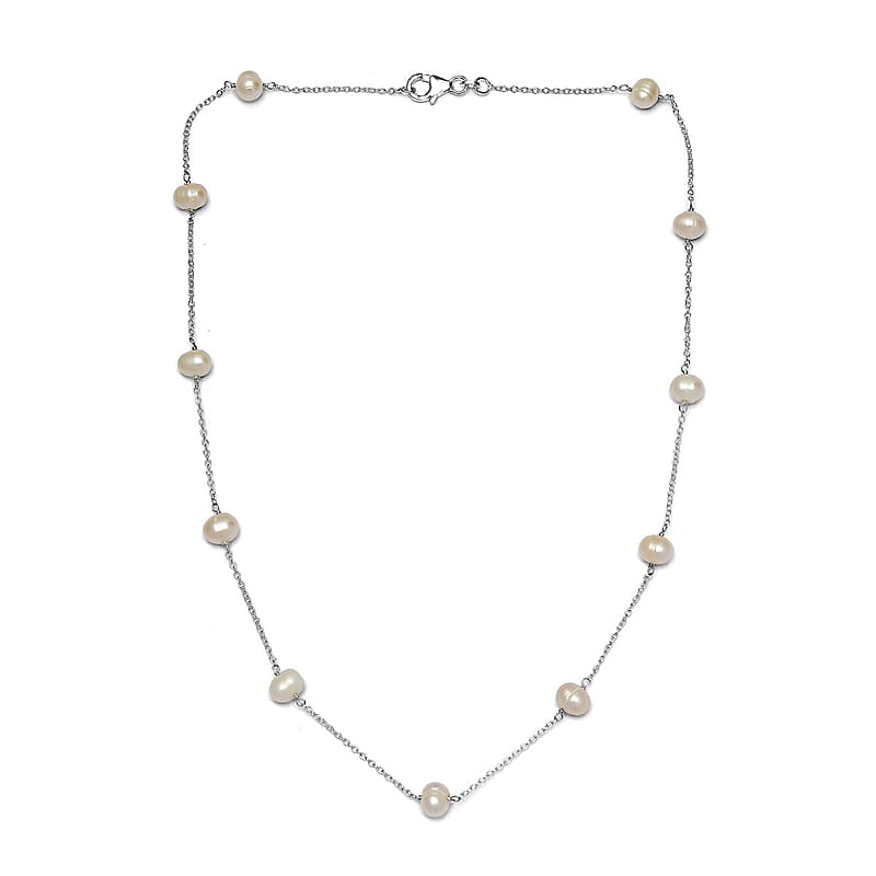 White Freshwater Pearl Station Necklace 18 Inches in Sterling Silver