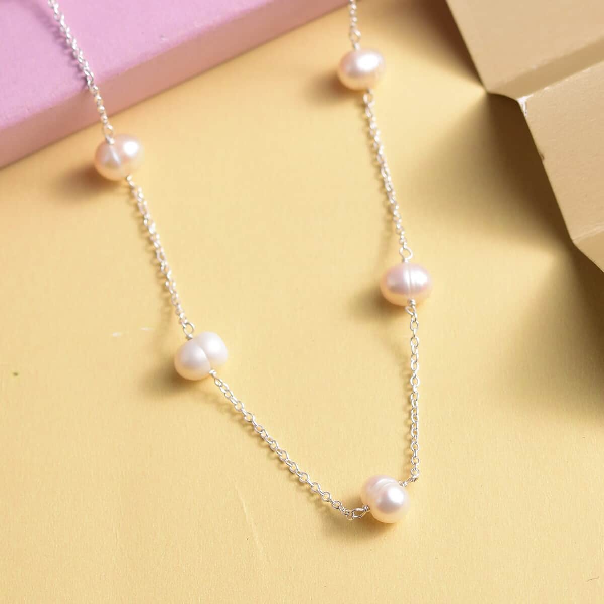 White Freshwater Pearl Station Necklace 18 Inches in Sterling Silver image number 1