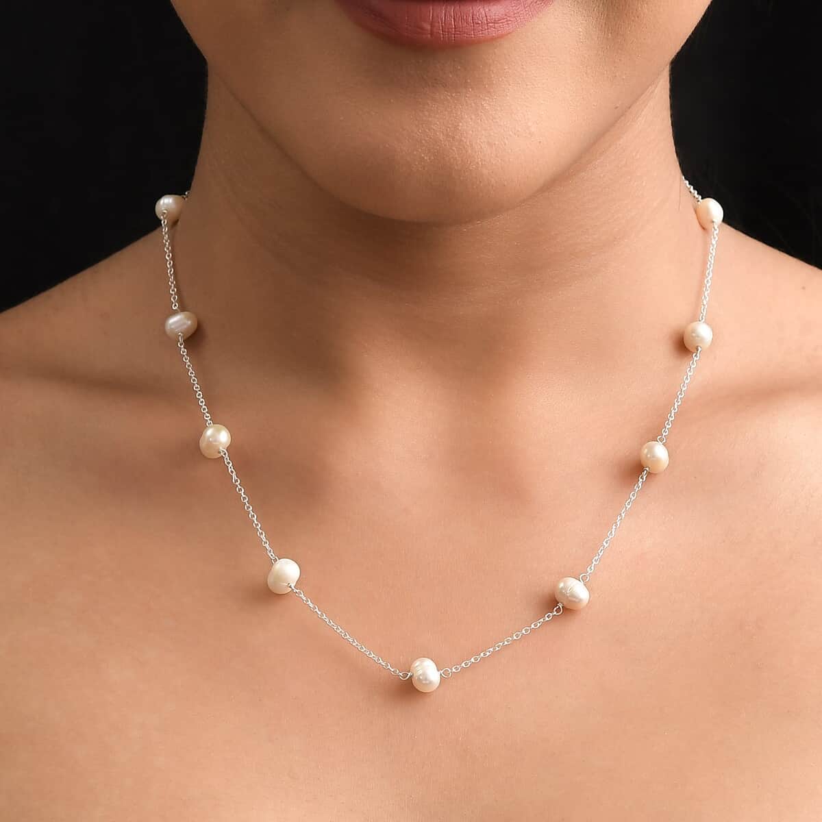 White Freshwater Pearl Station Necklace 18 Inches in Sterling Silver image number 2