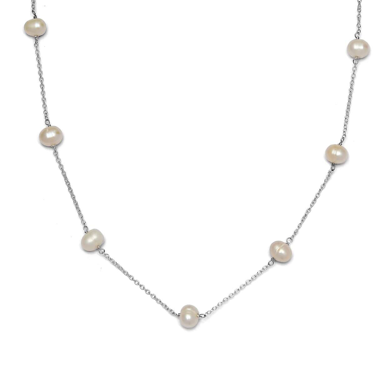 White Freshwater Pearl Station Necklace 18 Inches in Sterling Silver image number 3