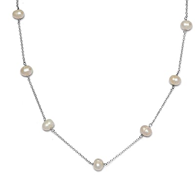 White Freshwater Pearl Station Necklace 18 Inches in Sterling Silver