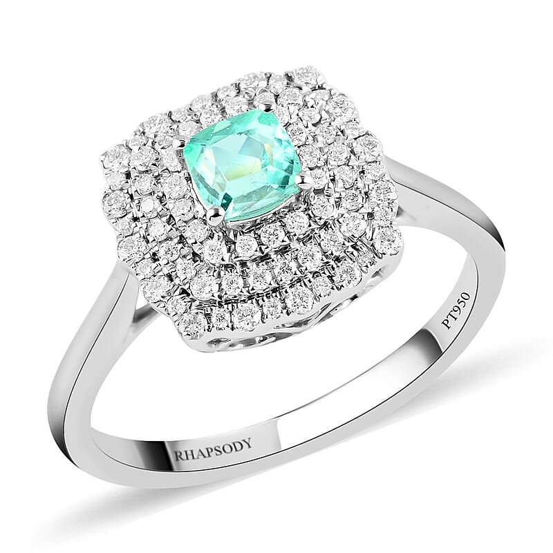 Certified & Appraised Rhapsody 950 Platinum AAAA Paraiba Tourmaline and E-F VS Diamond Ring (Size 10.0) 5.32 Grams 0.65 ctw