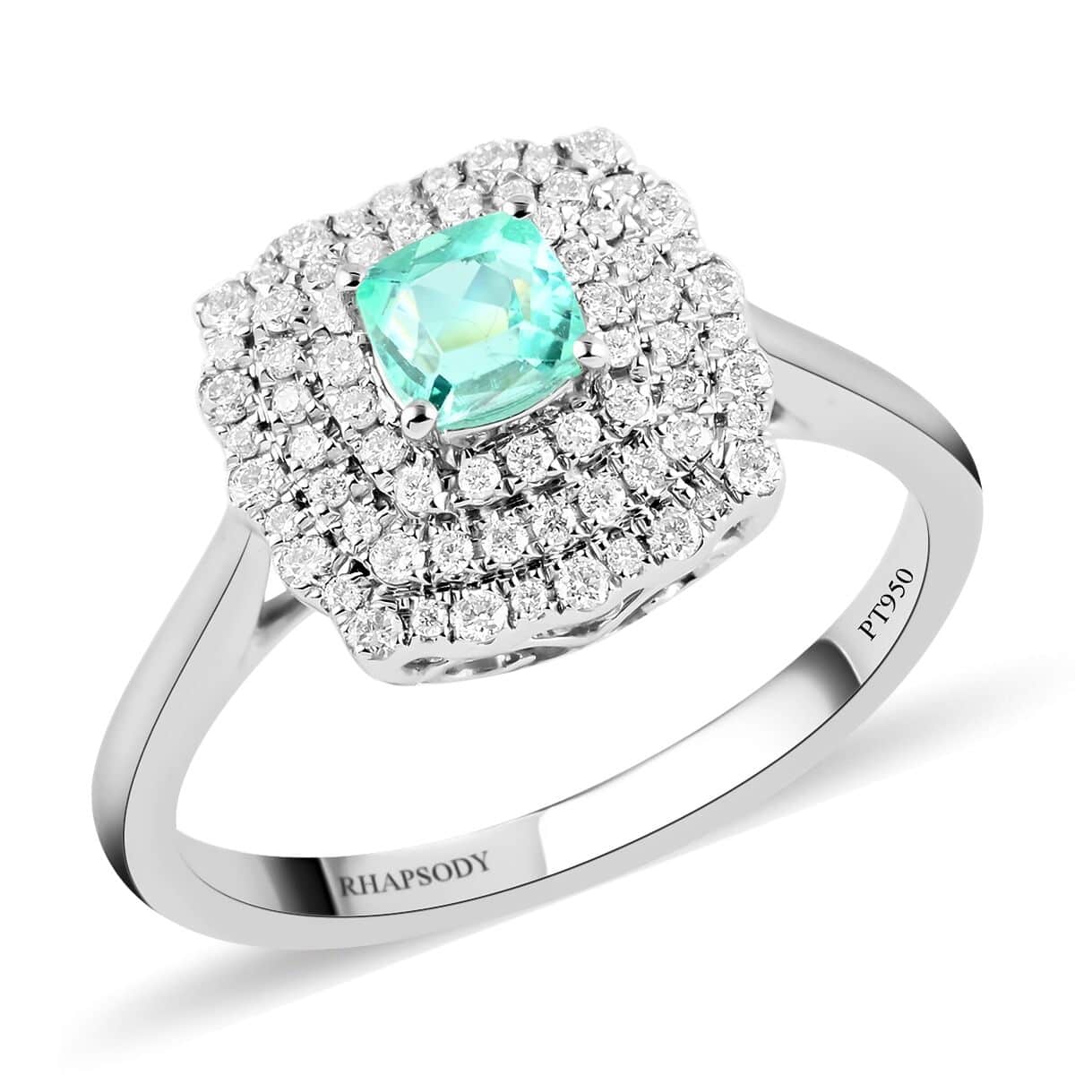 Certified Rhapsody 950 Platinum AAAA Paraiba Tourmaline and E-F VS Diamond Ring (Size 8.0) 5.32 Grams 0.65 ctw image number 0