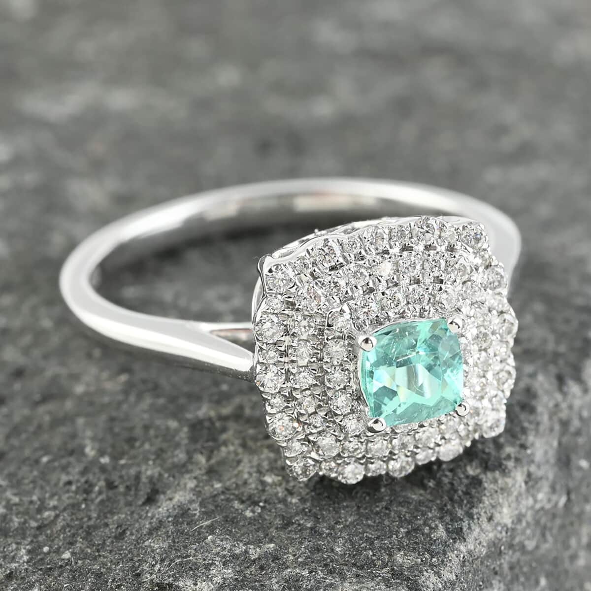 Certified Rhapsody 950 Platinum AAAA Paraiba Tourmaline and E-F VS Diamond Ring (Size 8.0) 5.32 Grams 0.65 ctw image number 1