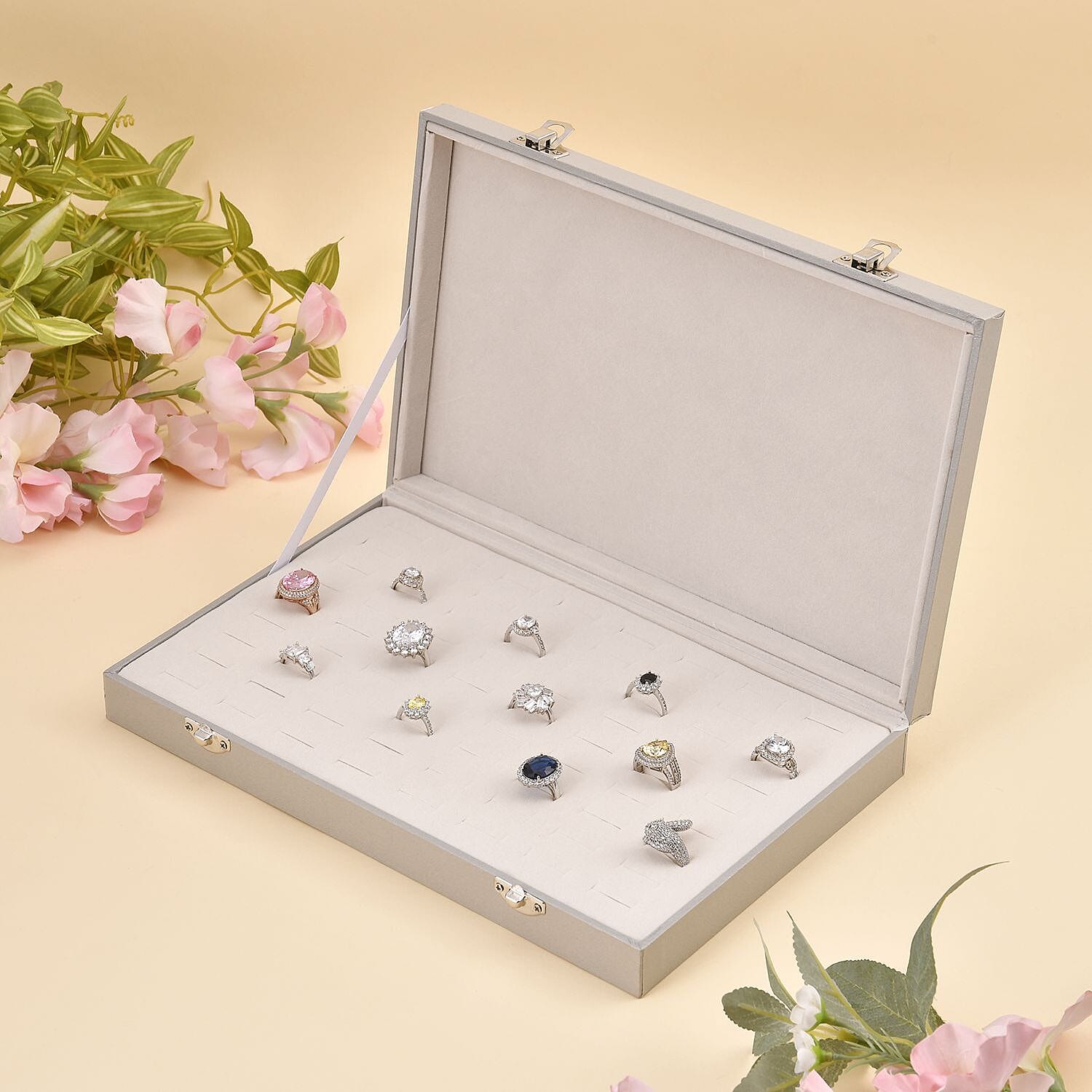 Silver Color Leatherette Paper 72pcs Ring Box with 2 Latch Clasp