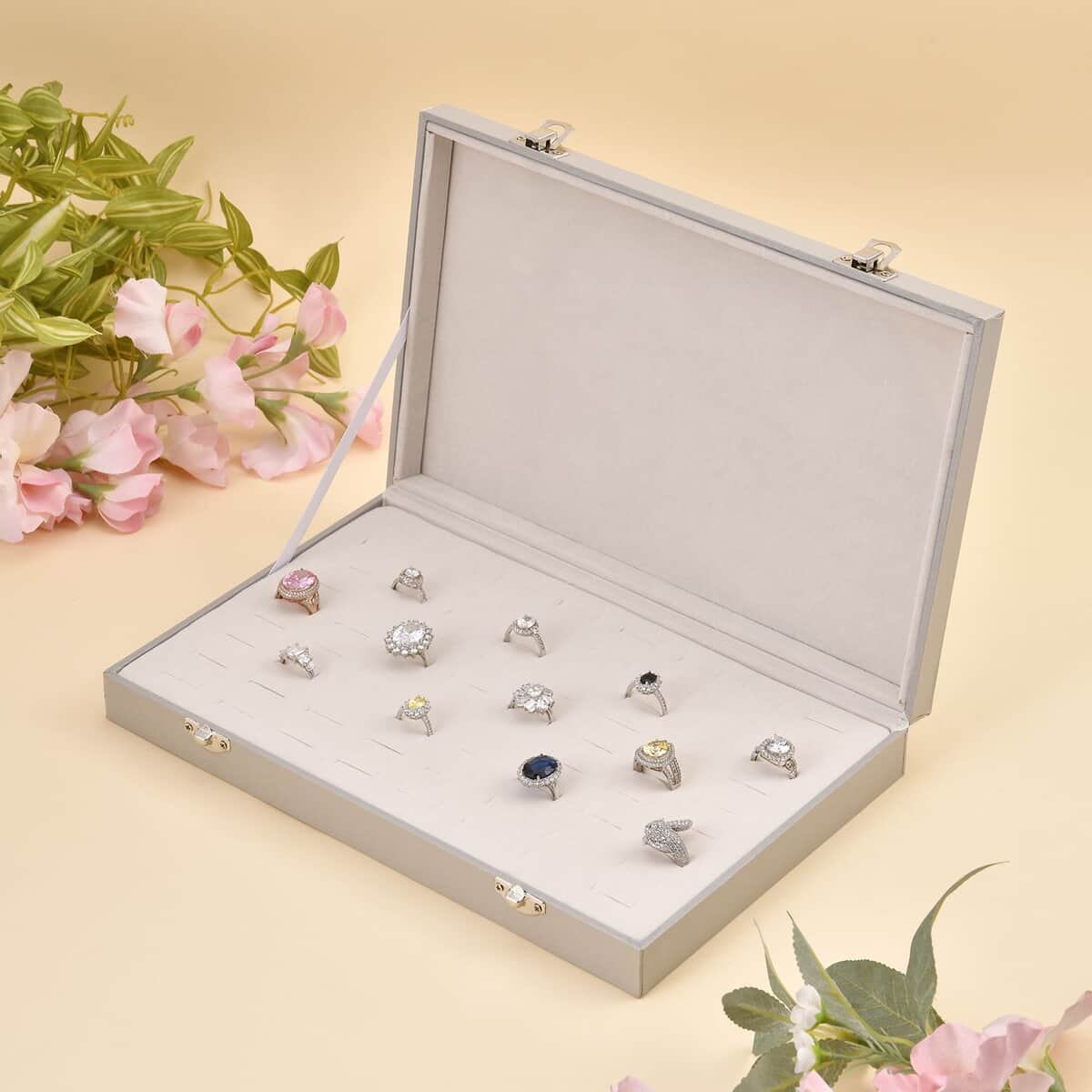 Silver Color Leatherette Paper 72pcs Ring Box with 2 Latch Clasp (11.4"x7.3"x1.6") image number 1