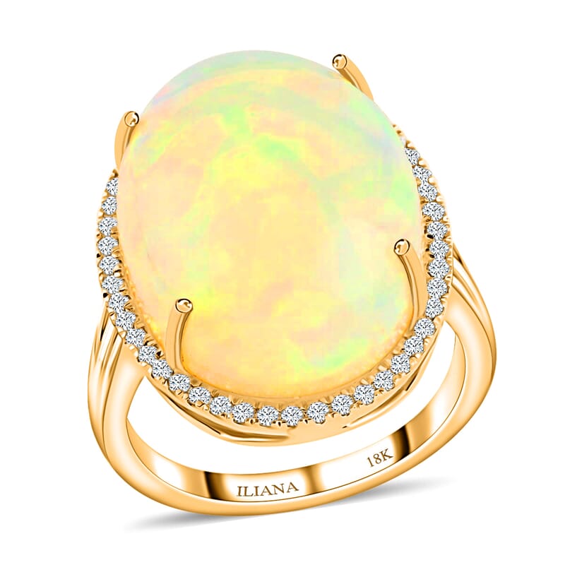 Certified and Appraised Iliana 18K Yellow Gold AAA Ethiopian Welo Opal and G-H SI Diamond Ring (Size 6.0) 7.85 Grams 12.85 ctw