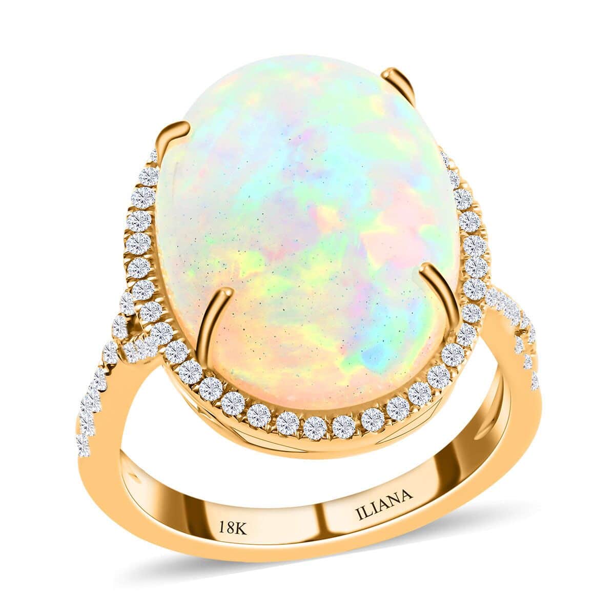 Certified & Appraised ILIANA 18K Yellow Gold AAA Ethiopian Welo Opal and G-H SI Diamond Halo Ring 5.85 Grams 9.50 ctw image number 0