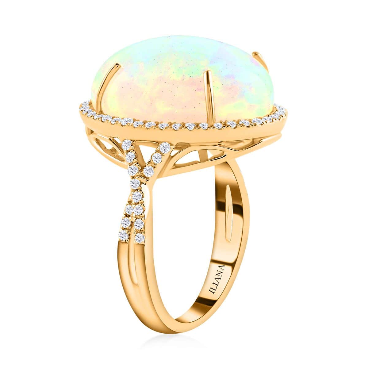 Certified & Appraised ILIANA 18K Yellow Gold AAA Ethiopian Welo Opal and G-H SI Diamond Halo Ring 5.85 Grams 9.50 ctw image number 3