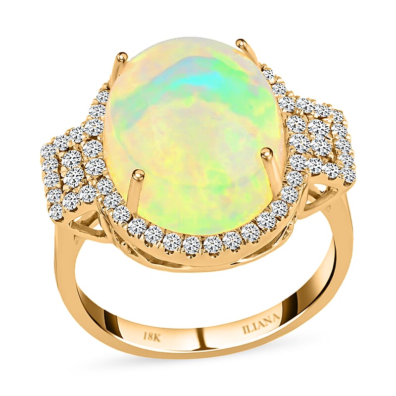 Certified & Appraised Iliana 18K Yellow Gold AAA Ethiopian Welo Opal and G-H SI Diamond Ring (Size 10.0) 5.60 Grams 7.40 ctw