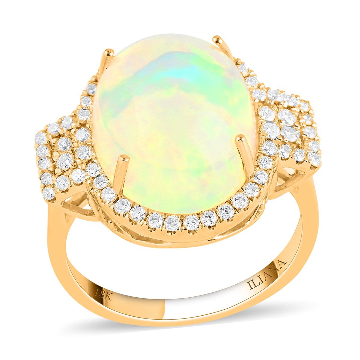 Certified & Appraised Iliana 18K Yellow Gold AAA Ethiopian Welo Opal and G-H SI Diamond Halo Ring (Size 6.0) 5.60 Grams 7.40 ctw