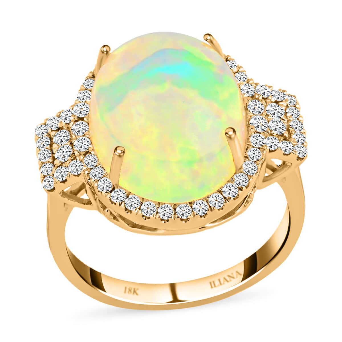 Certified Iliana 18K Yellow Gold AAA Ethiopian Welo Opal and G-H SI Diamond Ring (Size 7.0) 5.60 Grams 7.40 ctw image number 0