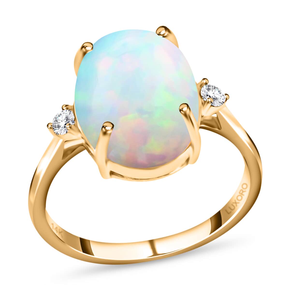 Certified & Appraised Luxoro AAA Ethiopian Welo Opal and Diamond 3.60 ctw Accent Ring, 14K Yellow Gold Ring, Opal Three Stone Ring, Wedding Rings (Size 6.0) image number 0