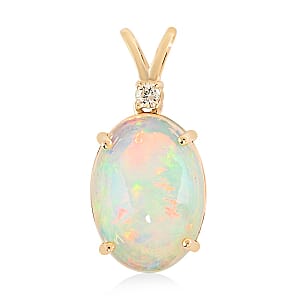 Certified Luxoro 14K Yellow Gold AAA Ethiopian Welo Opal and G-H I2 Diamond Pendant 3.60 ctw