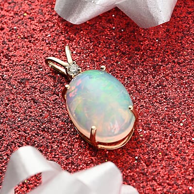 Ankur Treasure Chest Certified & Appraised Luxoro 14K Yellow Gold AAA Ethiopian Welo Opal and G-H I2 Diamond Pendant 3.60 ctw