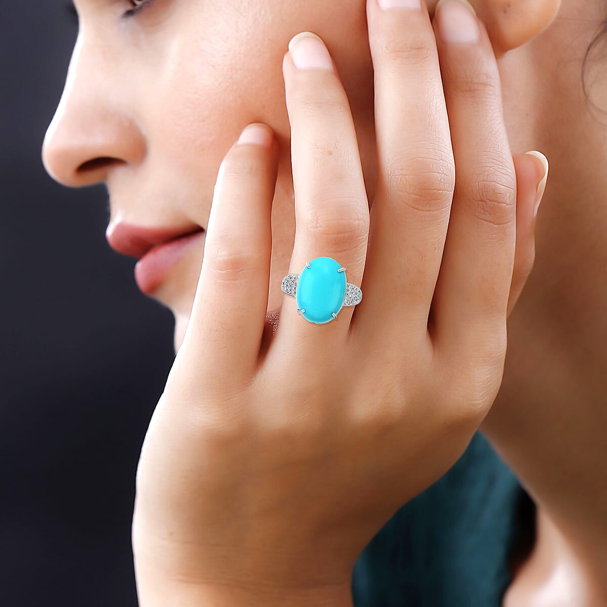 Luxoro 14K White Gold AAA Sleeping Beauty Turquoise and G-H I2 Diamond Ring (Size 9.0) 10.35 ctw image number 2