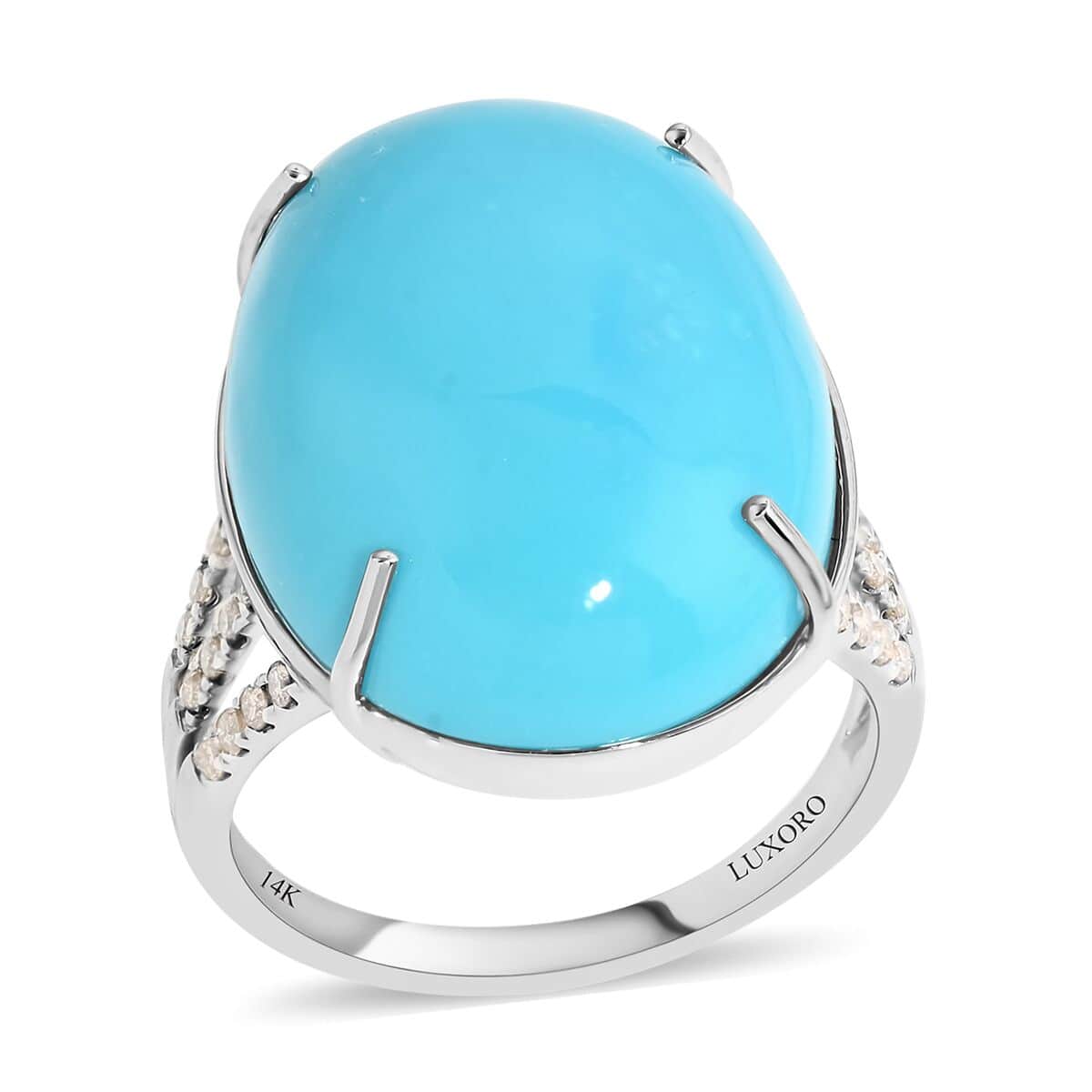 Doorbuster LUXORO 14K White Gold AAA American Natural Sleeping Beauty Turquoise and G-H I2 Diamond Split Shank Ring 3.55 Grams 14.30 ctw image number 0