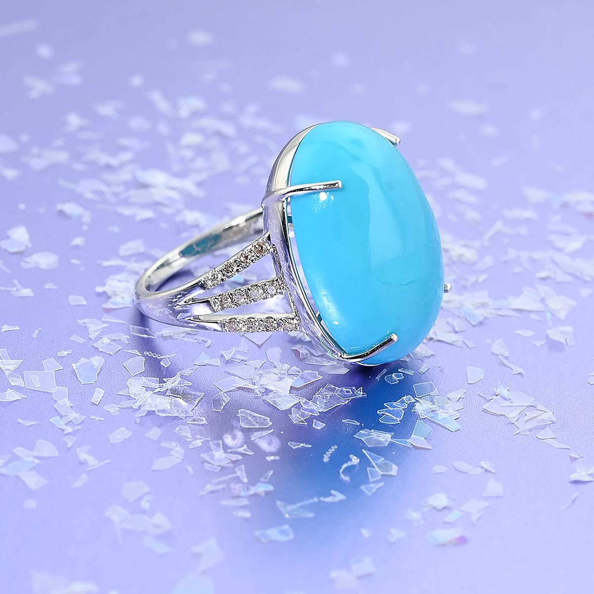 Luxoro 14K White Gold AAA Sleeping Beauty Turquoise and G-H I2 Diamond Split Shank Ring (Size 7.0) 14.30 ctw image number 1