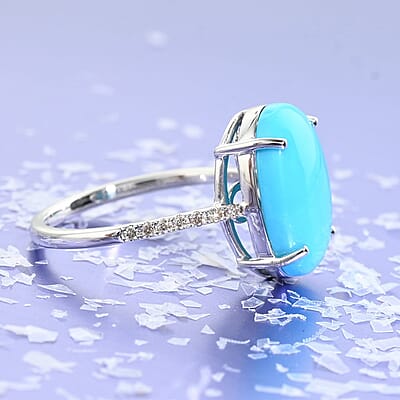 Luxoro 14K White Gold AAA Sleeping Beauty Turquoise and G-H I2 Diamond Ring (Size 8.0) 5.35 ctw
