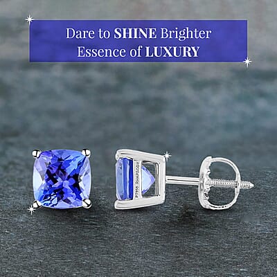 Certified & Appraised Rhapsody 950 Platinum AAAA Tanzanite Earrings, Platinum Solitaire Earrings, Tanzanite Studs 2.10 ctw