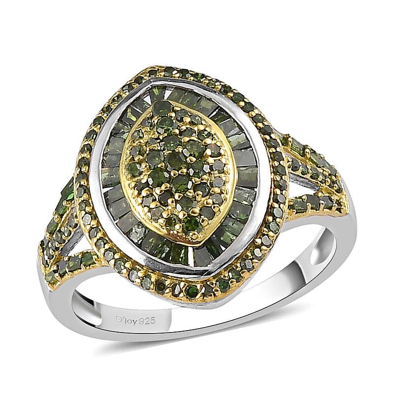 Green Diamond Cluster Ring in Platinum Over Sterling Silver (Size 10.0) 1.00 ctw