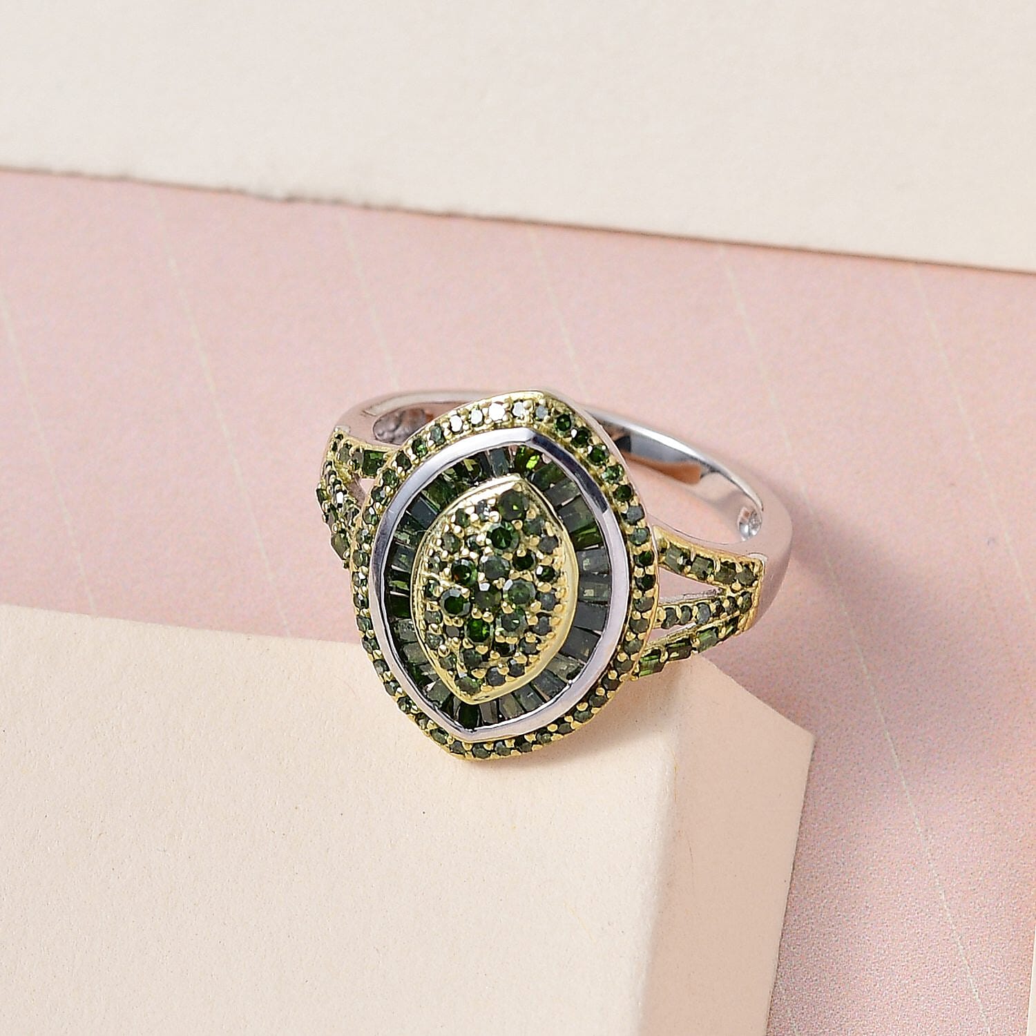 Green Diamond Cluster Ring in Platinum Over Sterling Silver (Size 10.0) 1.00 ctw