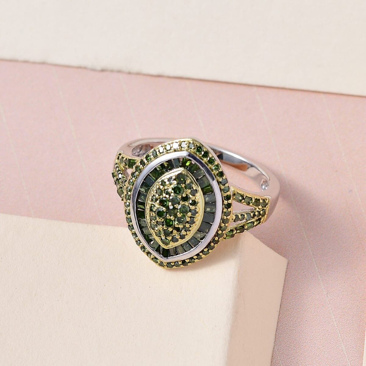 TLV Green Diamond (IR) Ring in Rhodium and Platinum Over Sterling Silver (Size 7.0) 1.00 ctw image number 1