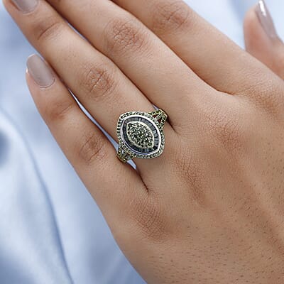Green Diamond Cluster Ring in Platinum Over Sterling Silver (Size 10.0) 1.00 ctw