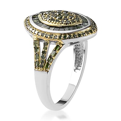 Green Diamond Cluster Ring in Platinum Over Sterling Silver (Size 10.0) 1.00 ctw