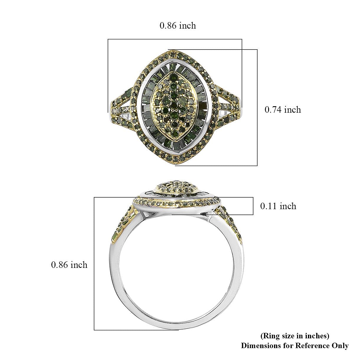 Green Diamond Cluster Ring in Platinum Over Sterling Silver (Size 10.0) 1.00 ctw